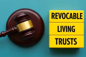 Gavel and blocks spelling revocable living trusts on a teal background