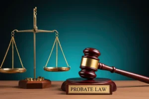 Symbolic representation of probate law with scales of justice and gavel