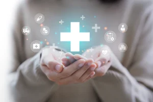 Woman hand holding plus icon for the healthcare medical icon. Health insurance health concept. access to welfare health and copy space