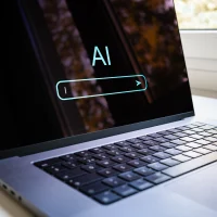 AI generate with prompt in laptop computer. Content, artificial text or search at home. Chatbot and digital virtual assistant model. Creative photo and image technology